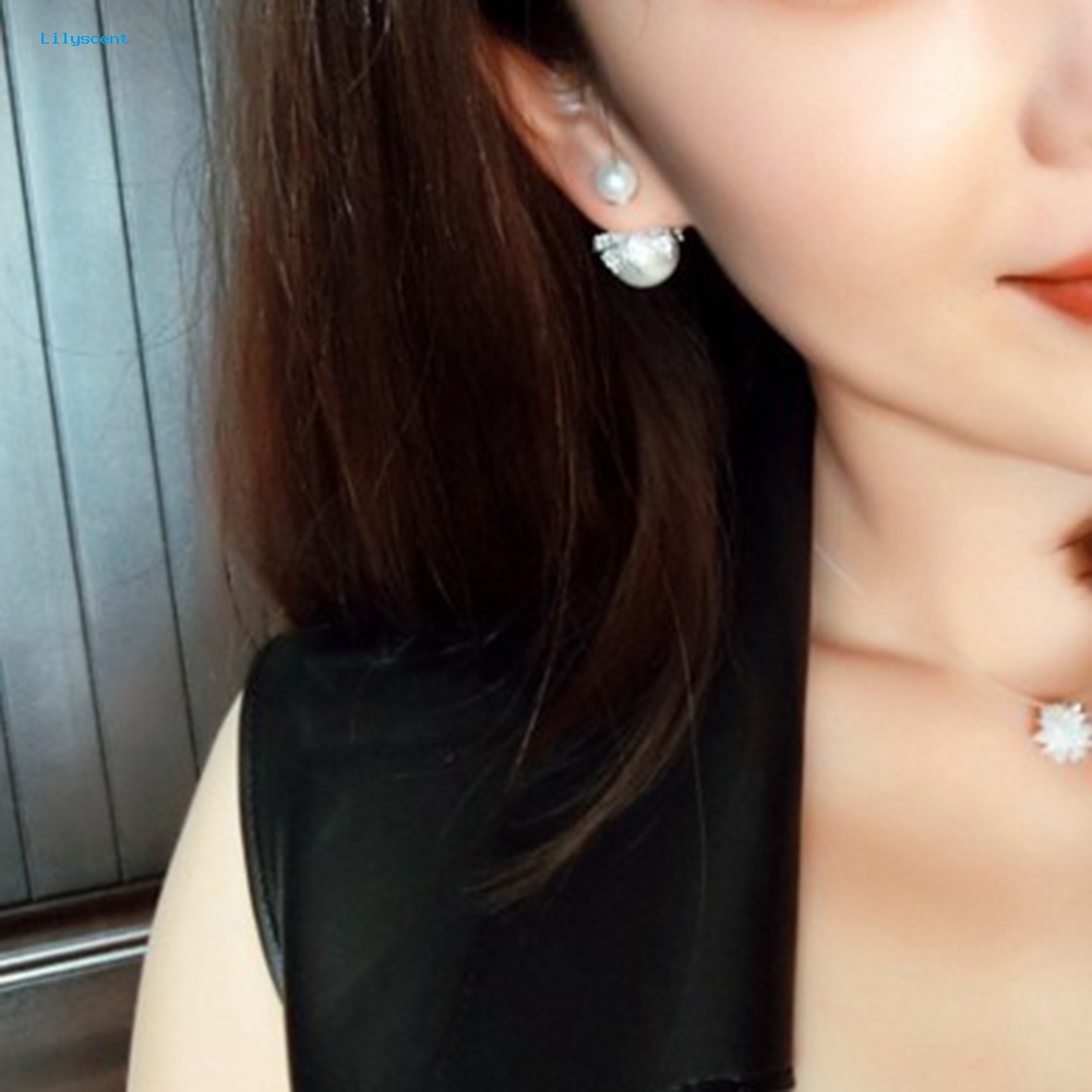 Lilyscent Wanita Dua Sisi Mutiara Imitasi Berongga Bunga Ear Stud Earrings Perhiasan Hadiah