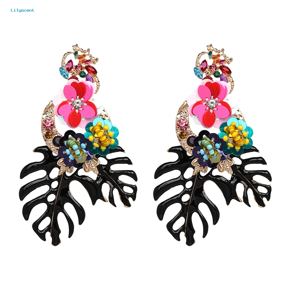 Lilyscent Vintage Wanita Daun Bunga Warna-Warni Sequin Beads Berlian Imitasi Statement Earrings