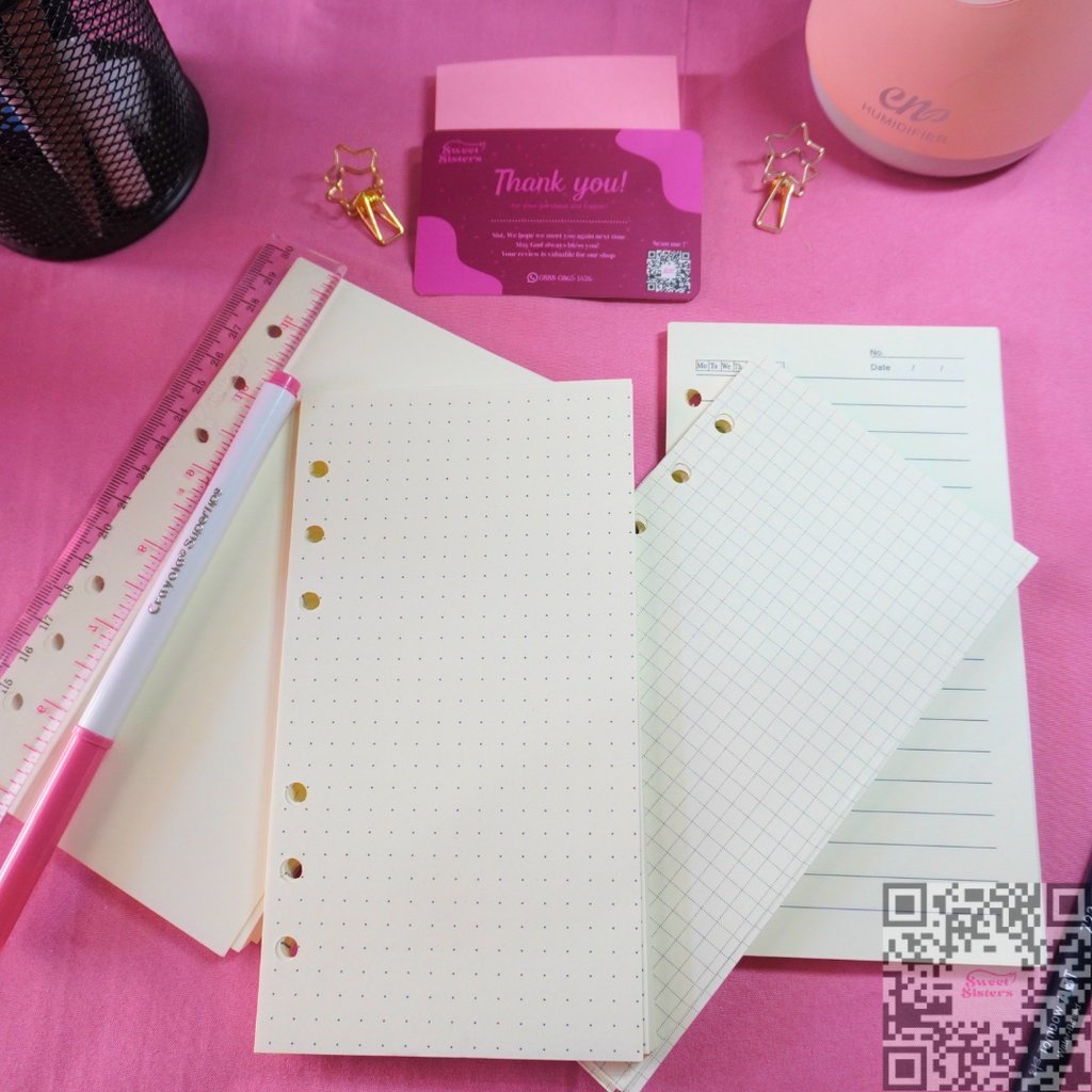 

[ 100gsm ] LOOSE LEAF Refill Kertas Binder Diari Korea A6 Ring 6 Lubang Motif Grid Blank Dot Line