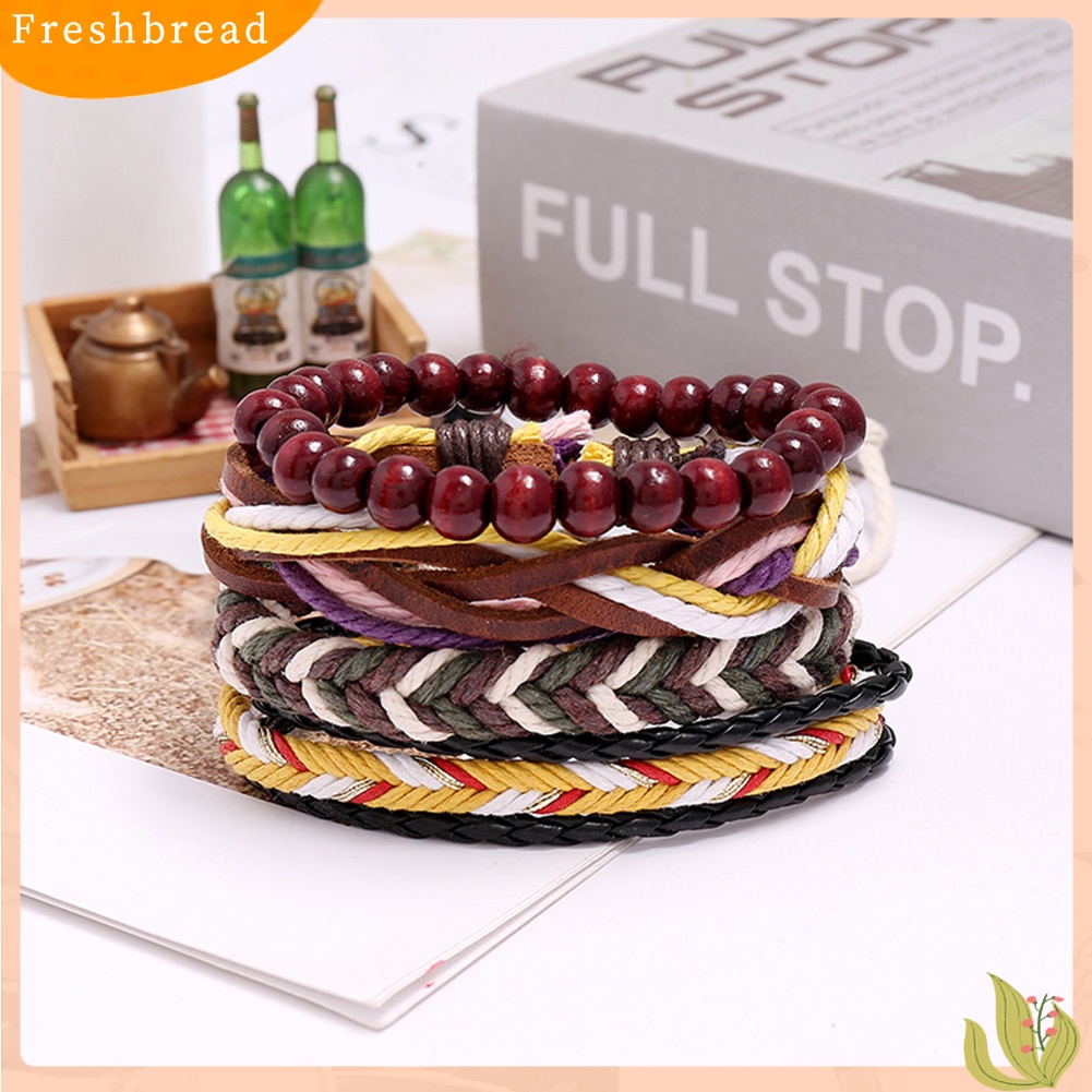 &lt; Freshbread &gt; 4Pcs Pria Kulit Imitasi Tali Dikepang Yang Dapat Disesuaikan Bangle Gelang Pergelangan Tangan Perhiasan