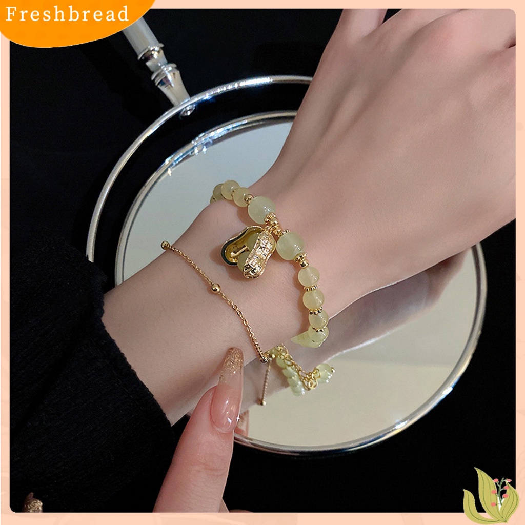 &lt; Freshbread &gt; Wanita Gelang Double-layers Beaded Faux Crystal Golden Link Rantai Adjustable Peanut Pendant Ladies Bangle Perhiasan Fashion