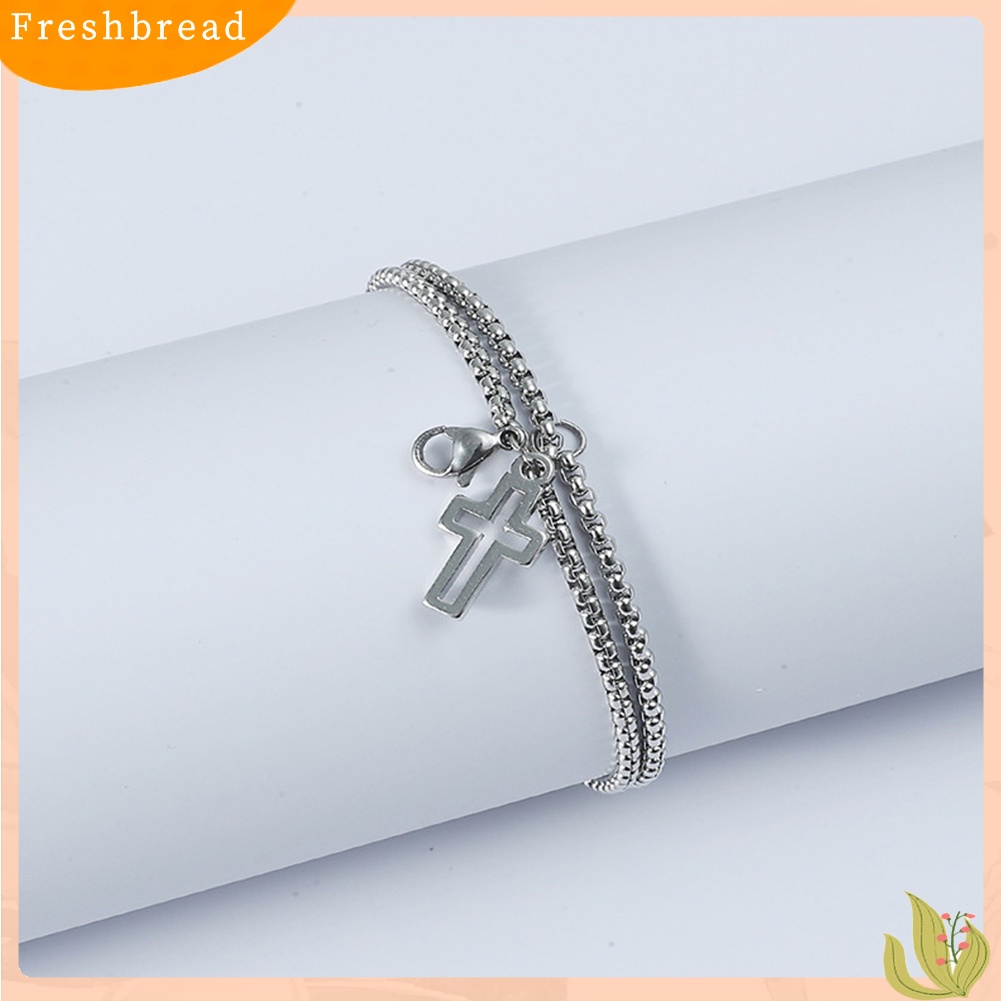 &lt; Freshbread &gt; Wanita Pria Liontin Salib Double Strand Rantai Titanium Steel Gelang Perhiasan