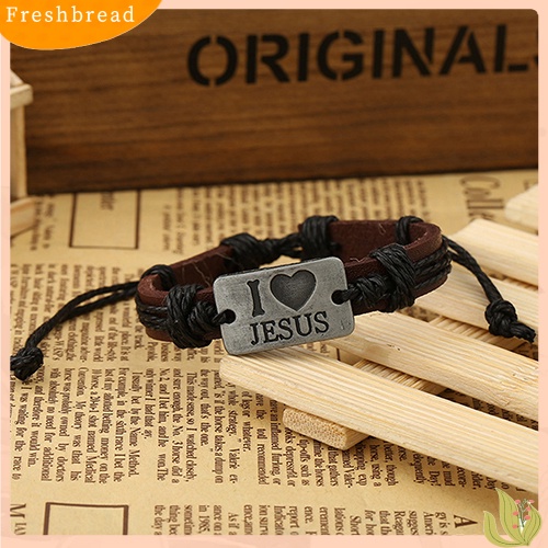 &lt; Freshbread &gt; Unisex I LOVE JESUS Faux Leather Bangle Rantai Tali Rami Gelang Yang Dapat Disesuaikan