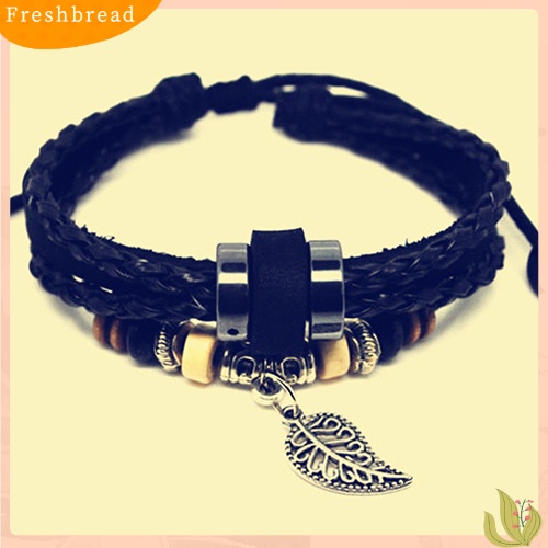 &lt; Freshbread &gt; Unisex Multi-layer Gelang Kulit Imitasi Daun Liontin Beads Adjustable Jewelry