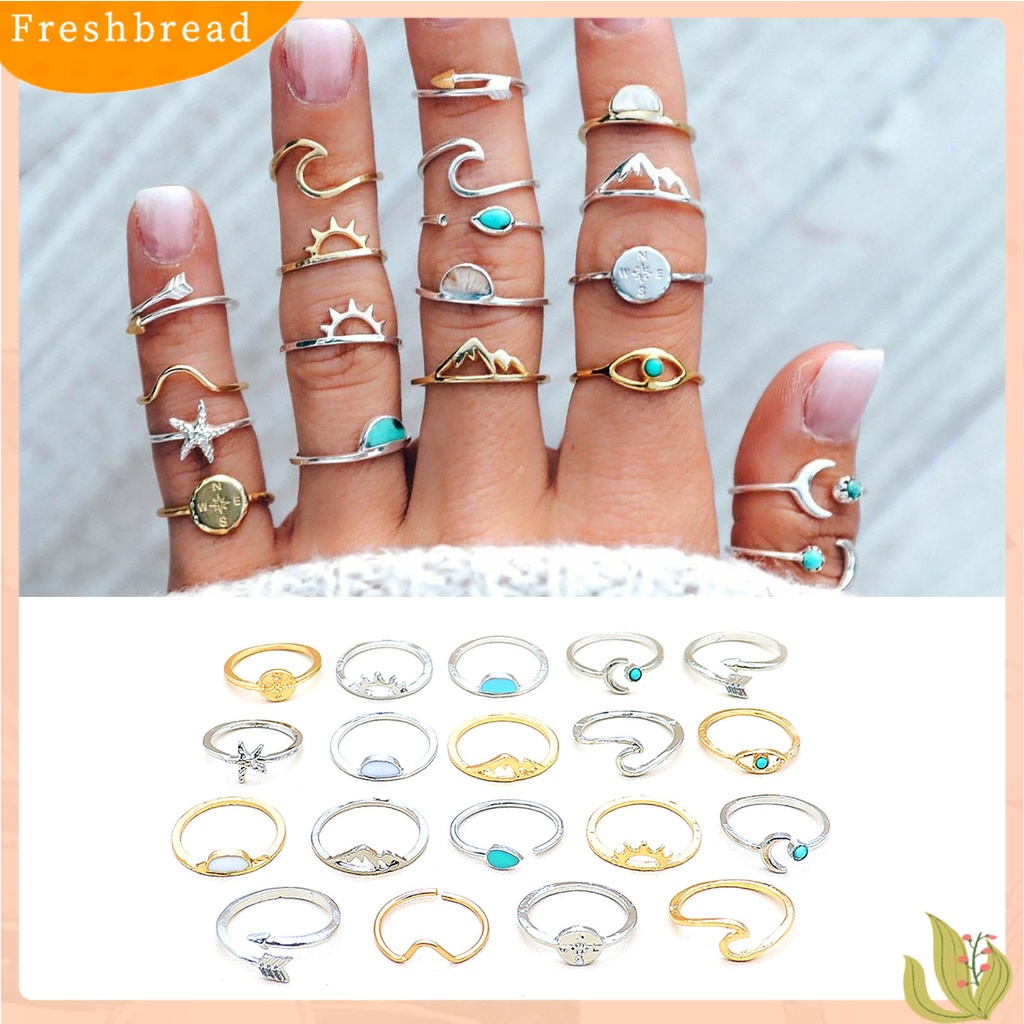 &lt; Freshbread &gt; 19 Pcs Gelombang Pembukaan Cincin Boho Gaya Etnik Turquoise Finger Rings Perhiasan Aksesori