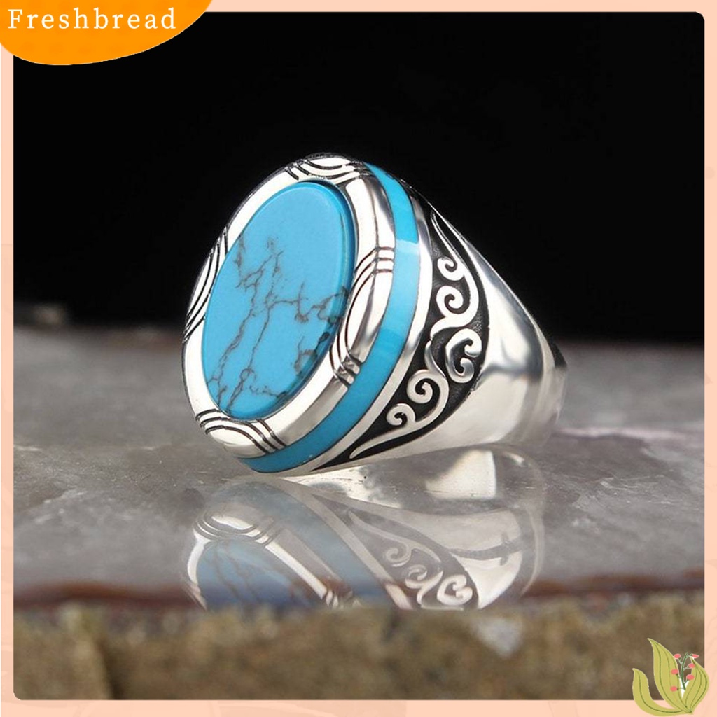 &lt; Freshbread &gt; Electroplating Polishing Lebar Pria Cincin Punk Retro Pola Ukir Faux Turquoise Ring Perhiasan Aksesoris