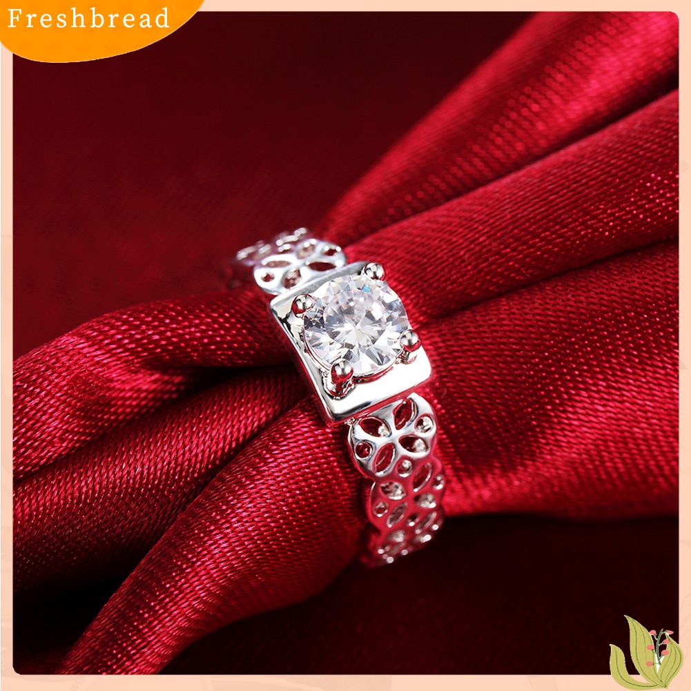 < Freshbread > Vintage Wanita Berongga Bunga Berlian Imitasi Perak Disepuh Jari Cincin Perhiasan Pernikahan