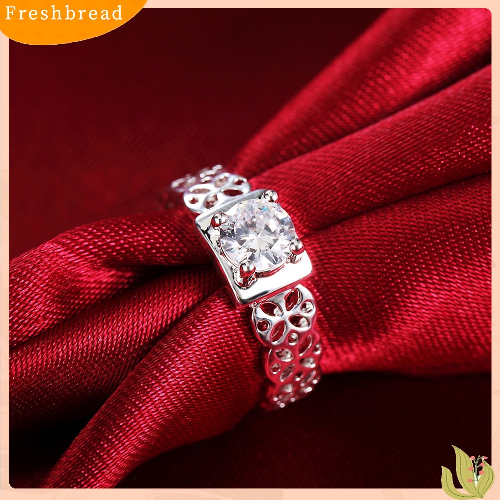 &lt; Freshbread &gt; Vintage Wanita Berongga Bunga Berlian Imitasi Perak Disepuh Jari Cincin Perhiasan Pernikahan