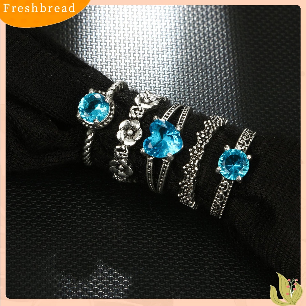 &lt; Freshbread &gt; 5Pcs/Set Retro Boho Berongga Bunga Hati Biru Berlian Imitasi Wanita Jari Rings