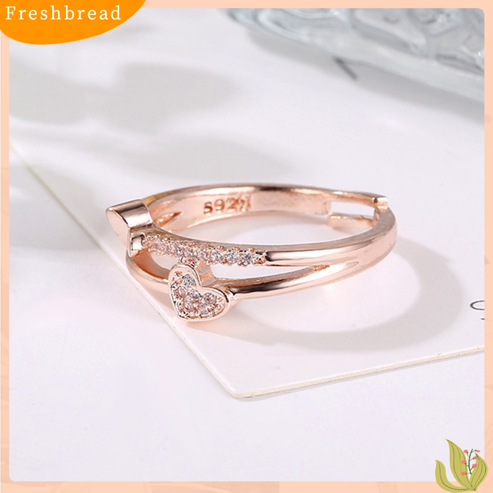 < Freshbread > Wanita Fashion Berlian Imitasi Bertatahkan Hati Ganda Berongga Band Pembukaan Cincin Perhiasan
