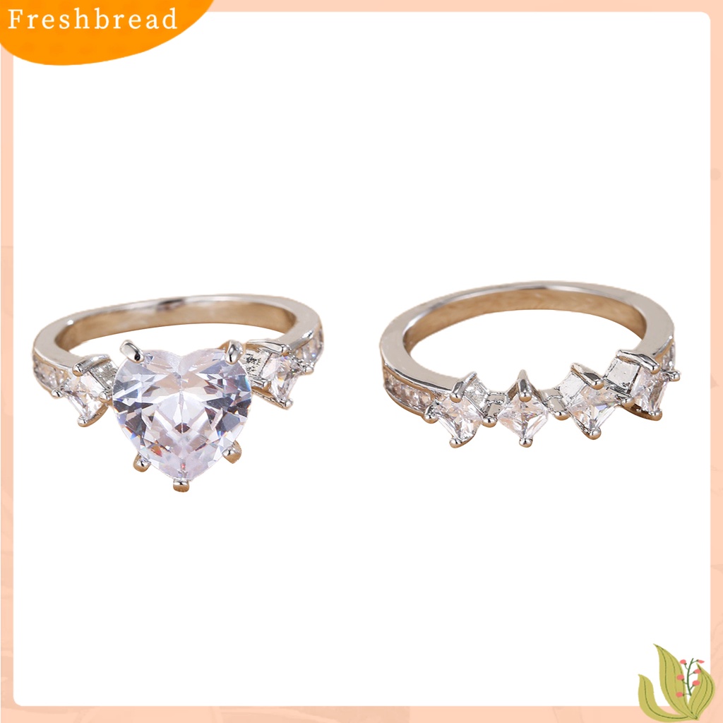 &lt; Freshbread &gt; 2pcs/Set Lady Set Cincin Bentuk Hati Geometris Dipoles Mengkilap Cubic Zirconia Indah Jari Dekorasi Mewah Romantis Cinta Buku Jari Cincin Set Perhiasan