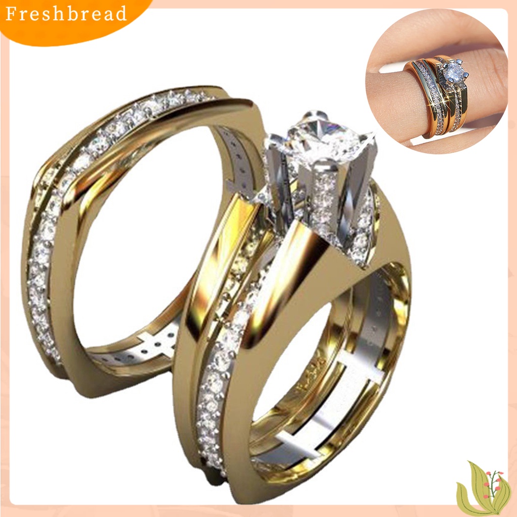 &lt; Freshbread &gt; 2Pcs Wanita Cincin Duawarna Berlapis Emas Mengkilap Geometris Berkilau Dekorasi Hadiah Cubic Zirconia Hias Pernikahan Pertunangan Rings Perhiasan Untuk Pacar