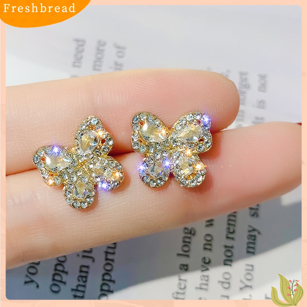 < Freshbread > Wanita Elegan Penuh Berlian Imitasi Bertatahkan Bentuk Kupu-Kupu Stud Earrings Perhiasan Hadiah