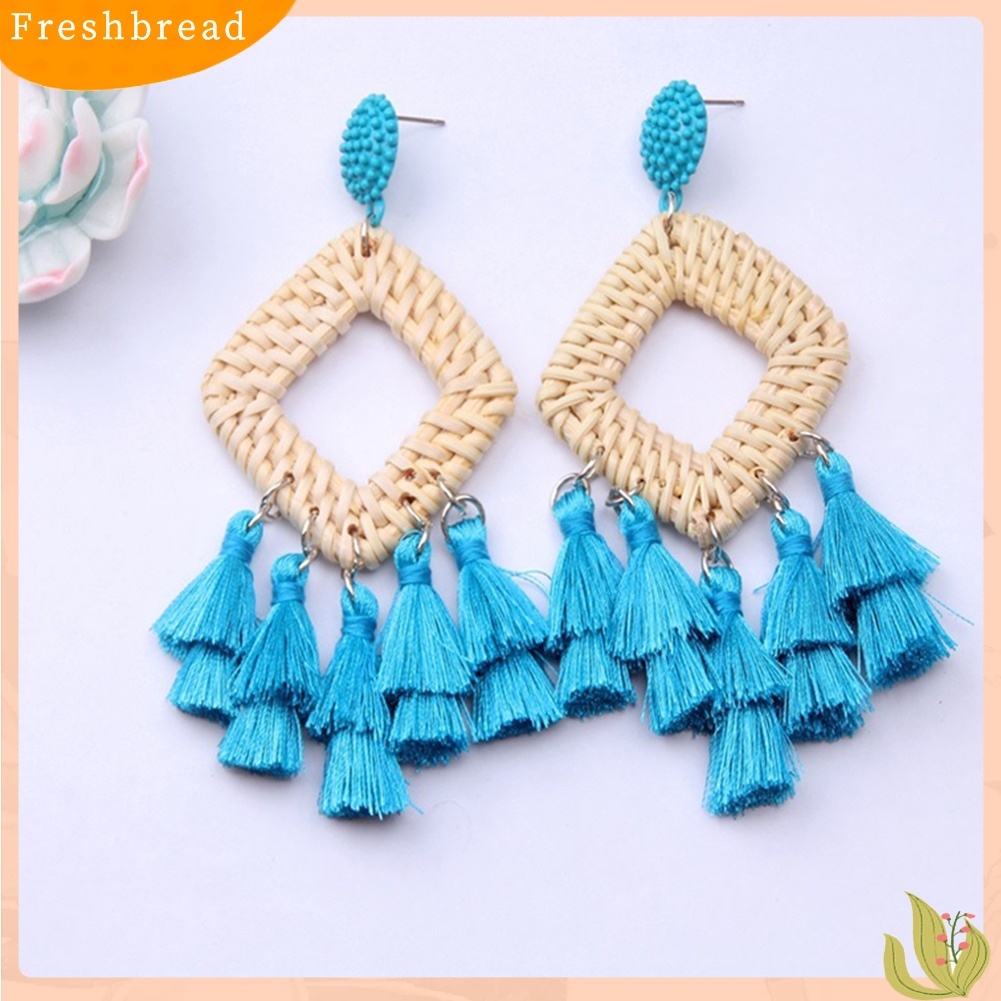 &lt; Freshbread &gt; Boho Wanita Berongga Belah Ketupat Anyaman Rotan Rumbai Statement Menjuntai Stud Earrings