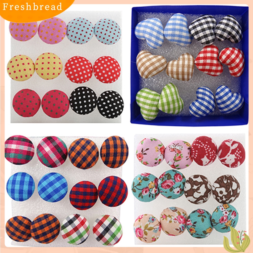 &lt; Freshbread &gt; 6pasang Kancing Kain Warna-Warni Vintage Pin Plastik Ear Studs Earrings Jewelry