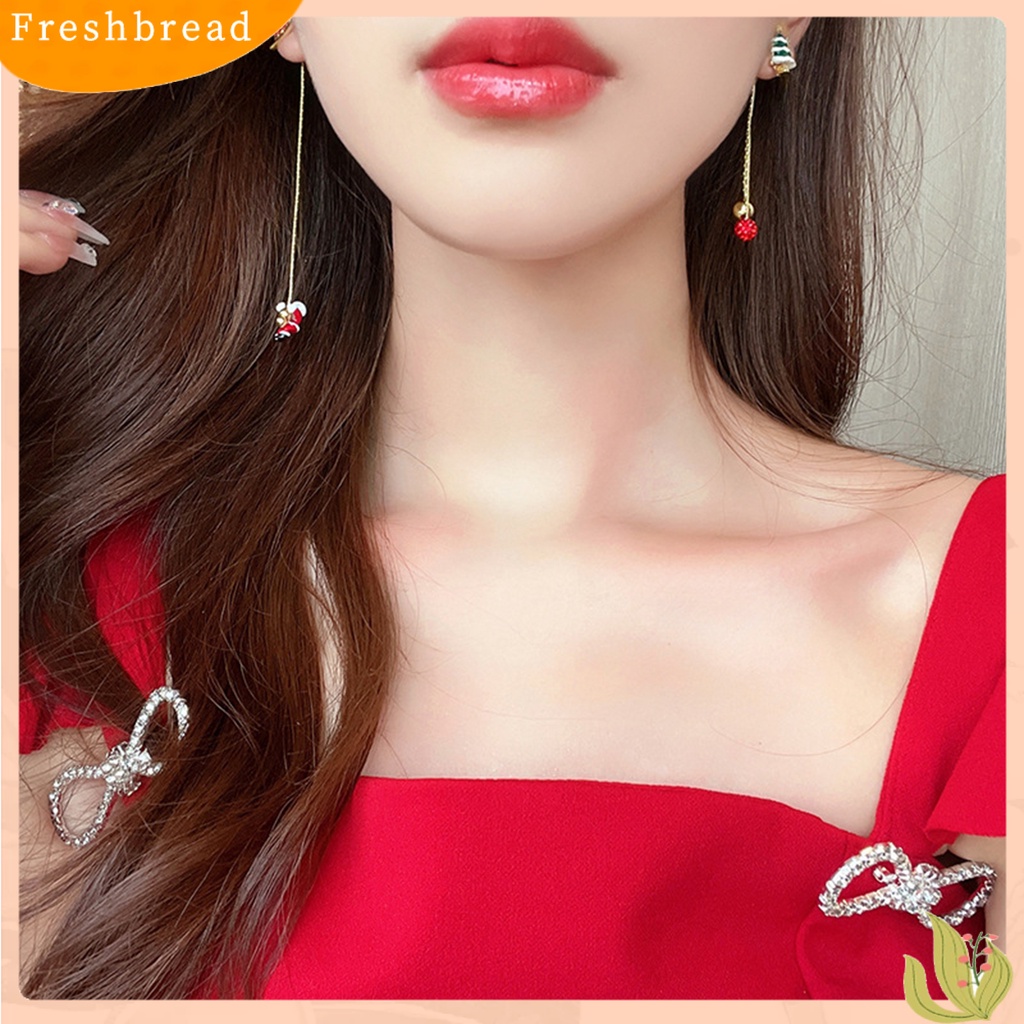 &lt; Freshbread &gt; 1pasang Anting Menjuntai Asimetris Rantai Panjang Rumbai Manis Festival All-match Dekorasi Hadiah Xmas Natal Santa Claus Snowflake Bell Drop Earrings