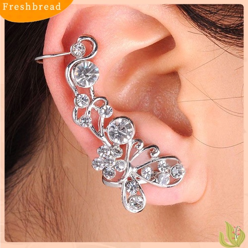 &lt; Freshbread &gt; Retro Faux Crystal Butterfly Flower Ear Cuff Stud Earring Clip on Untuk Telinga Kanan