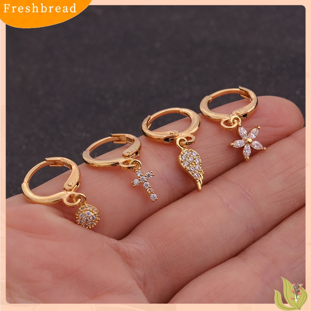 &lt; Freshbread &gt; 1Pc Wanita Cubic Zirconia Hias Salib Hati Bunga Menjuntai Huggie Anting Perhiasan