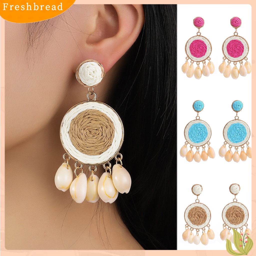 &lt; Freshbread &gt; 1pasang Anting Gantung Wanita Dikepang Mudah Cocok Dengan Warna Manis Ringan Anti Alergi Bentuk Bulat Manik-Manik Rumbai Warna Kontras Drop Earrings Untuk Pantai