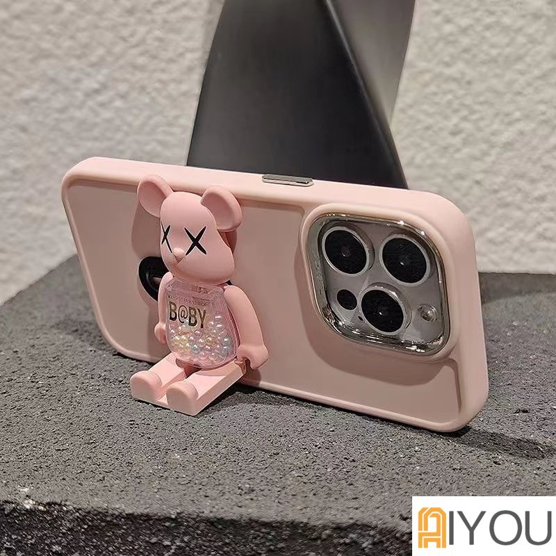 IPHONE Lucu Permen Warna Putar Violence bear Phone Holder bracket Casing Untuk Iphone14 13 12 11 Pro Max XS Max Casing Ponsel Tombol Logam Gelombang Silikon Soft Cover