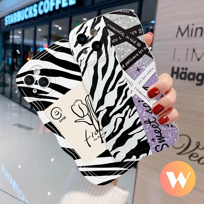 IPHONE Smile Flower Soft Tpu Case Kompatibel Untuk Iphone11 13 12 14 Pro Max 6s 6 14 7 8 Plus XR 7Plus X XS Max SE 2020 Fashion Zebra Pola Splicing Penutup Tepi Bergelombang