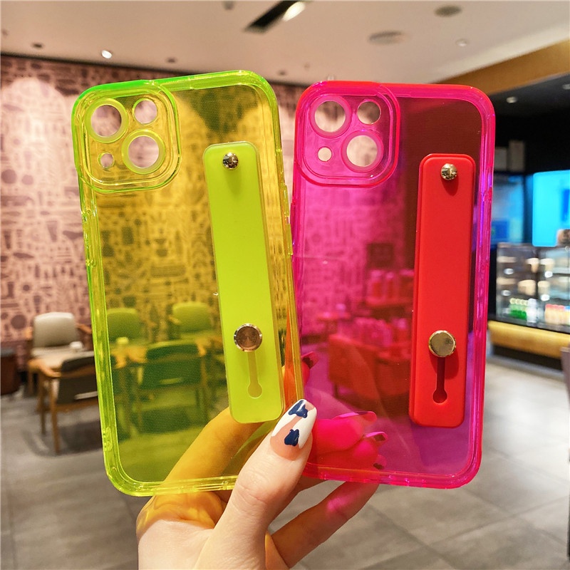 Fluorescence Transparan Dengan Tali Pergelangan Tangan TPU soft shell Kompatibel Untuk iphone11 12 13 14promax iphonex xs xsmax SE 2020 7/8plus shockproof phone case