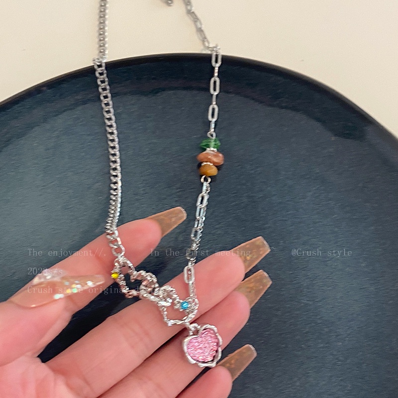 Set Kalung Geometris Hati Kristal Alloy Korea Untuk Wanita