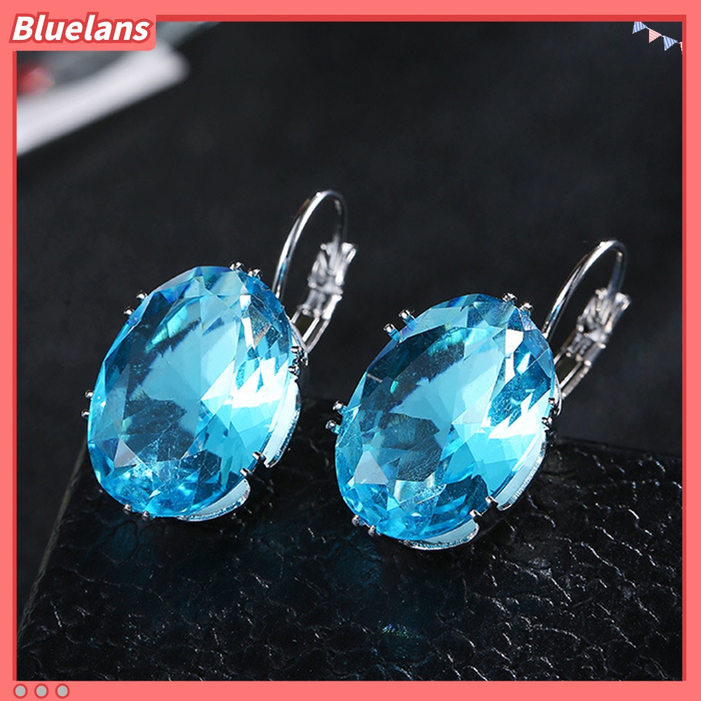 {In Stock} Elegan Wanita Oval Batu Permata Imitasi Hias Menjuntai Leverback Earrings Perhiasan Hadiah