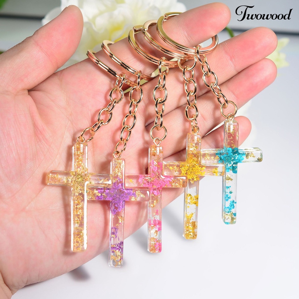 Twowood Gantungan Kunci Handmade Bunga Kering Isi Resin Liontin Serbaguna Berkilau Souvenir Hadiah Cross Key Ring Tas Ornamen Wanita Pria Perhiasan Aksesori Fashion