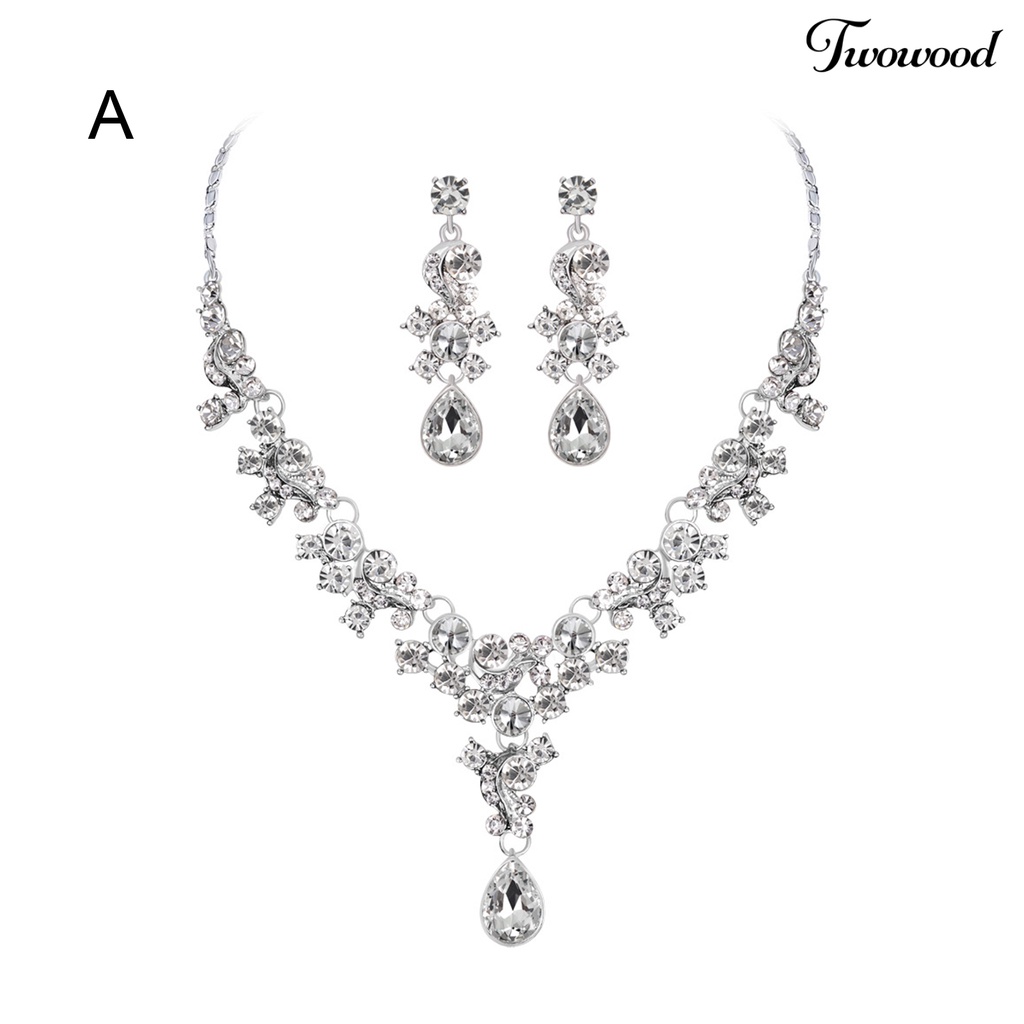 Twowood Wanita Prom Pernikahan Bridal Faux Kristal Berlian Imitasi Kalung Anting Set Perhiasan