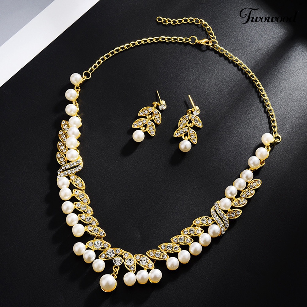 Twowood Faux Pearl Rhinestone Leaf Menjuntai Anting Kalung Bridal Set Perhiasan Pernikahan