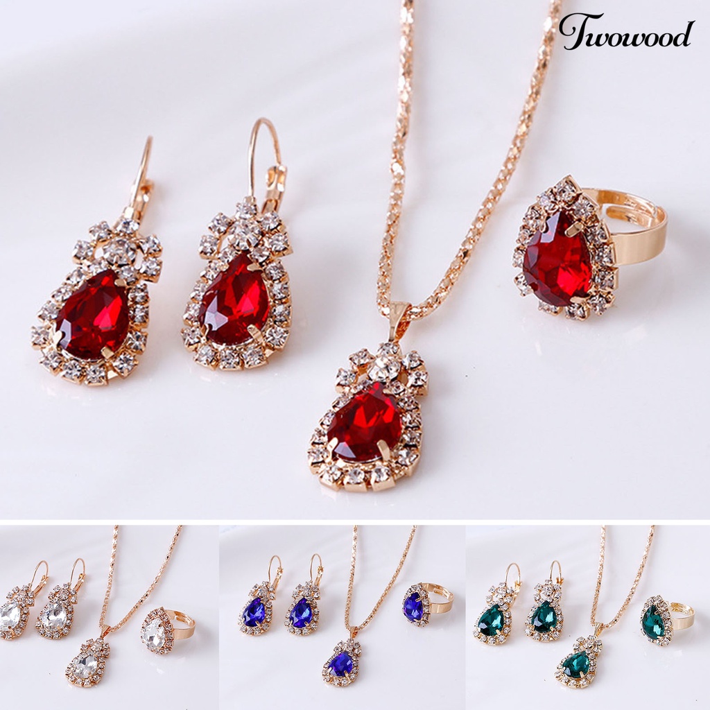 Twowood 3Pcs/Set Ladies Pendant Necklace Bentuk Tetesan Air Aksesori Tahan Aus Elegan Kalung Menjuntai Anting Cincin Set Untuk Pernikahan