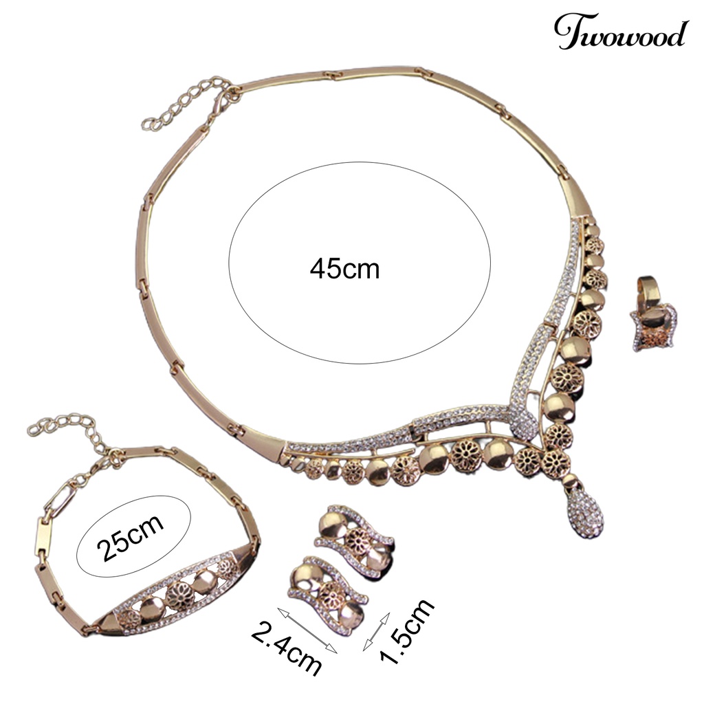 Twowood 4Pcs/Set Berongga Bentuk Geometri Tindik Kalung Anting Gelang Cincin Berlian Imitasi Dekorasi Wanita Choker Kalung Set Perhiasan Aksesori