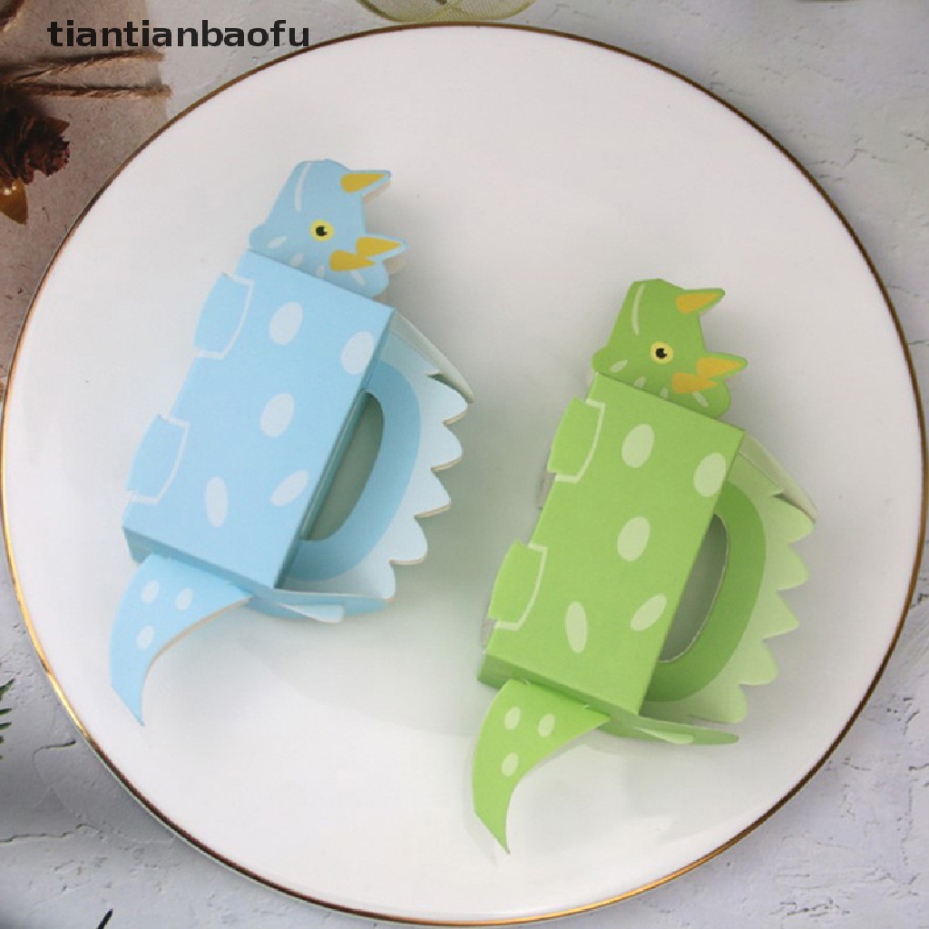 [tiantianbaofu] 10 Pcs Pesta Dinosaurus Biru Hijau Kotak Kue Kering Baby Shower Candy Box Hadiah Packing Butik