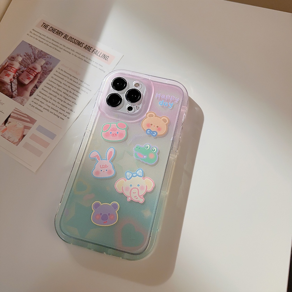 IPHONE Cute Pig Rabbit Frog Bear Dengan Gradasi Warna Casing Transparan Untuk Iphone14 11 12 13 PRO MAX Casing Cover Pelindung AT0141