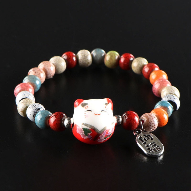 Gelang Kucing Keberuntungan Untuk Gadis Adjustable Manik-Manik Warna-Warni Gelang Harajuku Keramik Liontin Kucing Pesona Bracelets