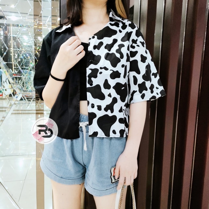 KEMEJA TWO TONE / KEMEJA CROP / KEM CROP / KEMEJA DUA WARNA WARNA COKSU PUTIH HITAM ZEBRA