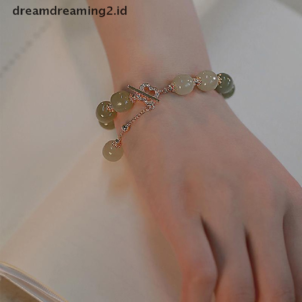 (hot) Vintage Cahaya Imitasi Hetian Jade Beaded Charm Gelang Pesta Santai Mutiara Zirkon Perhiasan Fashion Untuk Wanita Hadiah//