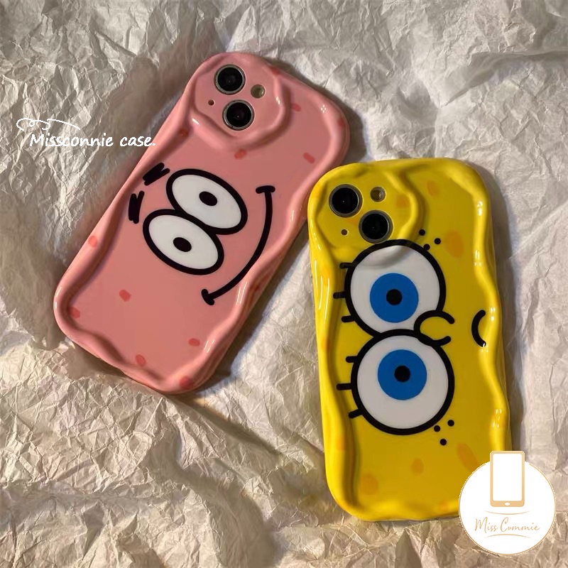 Cute SpongeBob SquarePants Patrick Star Good Friends Case Kompatibel Untuk IPhone XR 11 14 13 12 Pro Max 6 6s 8 7 Plus X XS Max SE 2020 3D Wavy Curved Edge Glossy Soft Cover