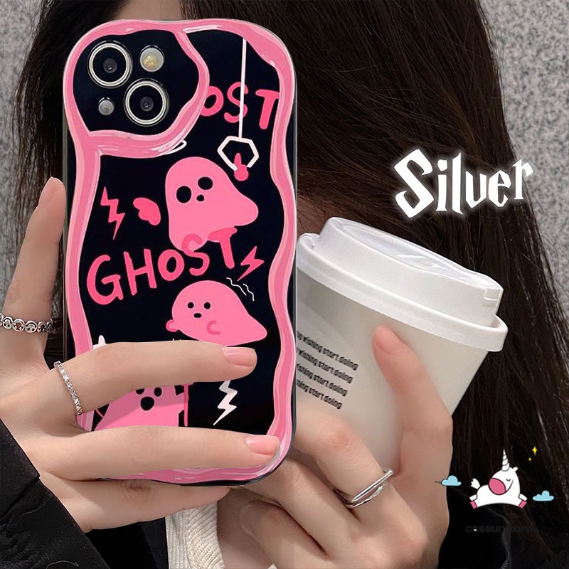 Casing Tpu Soft Phone Tepi Melengkung Bergelombang Kompatibel Untuk IPhone XR X7 8 6s 6 Plus 13 11 12 14 Pro Max XS Max SE 2020 3D Lucu Soul Ghost Glossy Pink Shockproof Cover