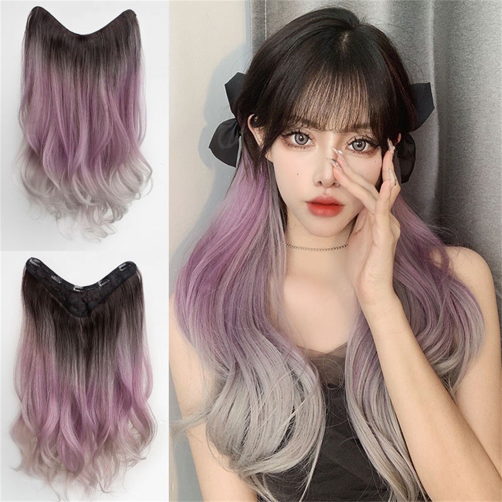 One-piece Ungu Gradien Tak Terlihat Mulus Berbentuk U Menggantung Telinga Ekstensi Rambut Wig Untuk Wanita Rambut Ponytail Panjang Besar Bergelombang Ekstensi Rambut 50 cm