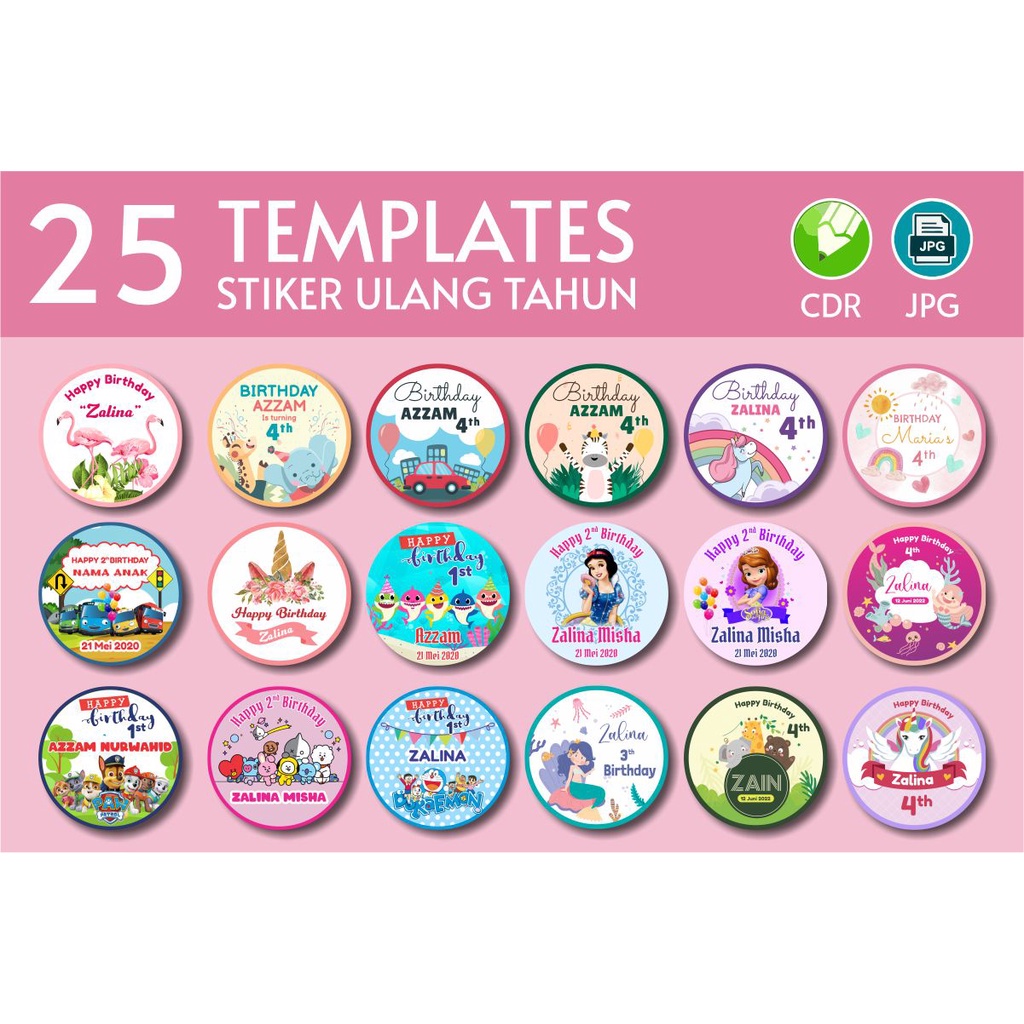 25 Desain Stiker Ulang Tahun Anak CorelDraw v24