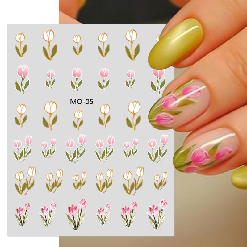 5d Timbul Bunga Nail Art Stiker Bunga Tulip Terukir Pernikahan Slider Garis Geometri Daun Kupu Kuku Decals