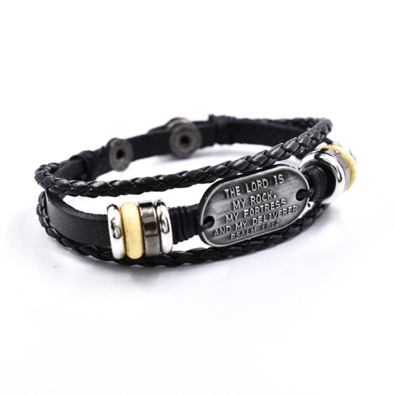 [X C Gelang] Baru Doa Allah Gelang Hitam Kulit Vintage Hip Hop Punk Gelang Kulit Lengan Manik-Manik Multilayer Zinc Alloy Anyaman Gelang