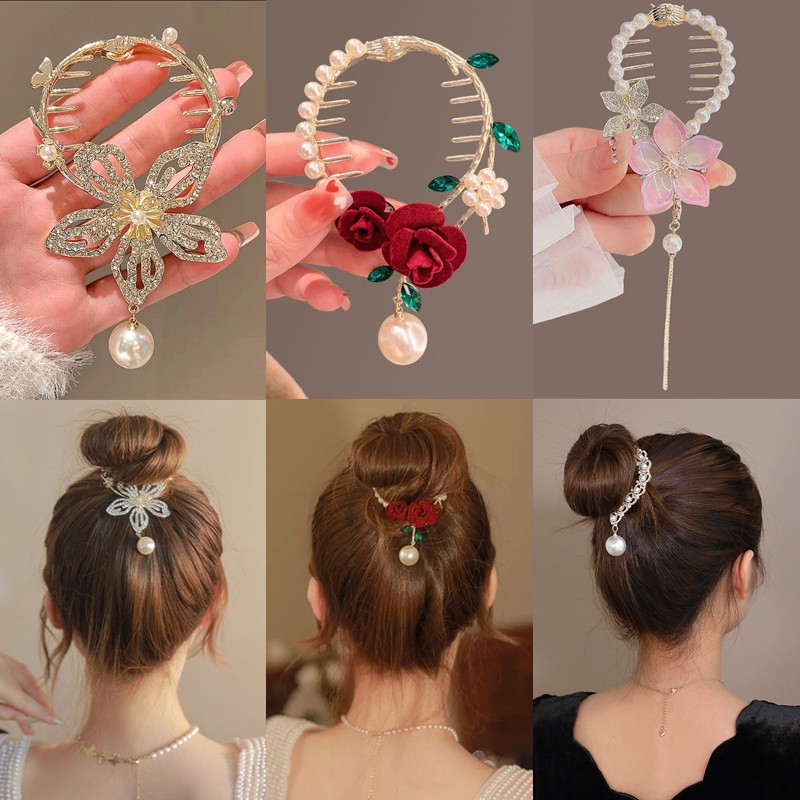 Fashion Bunga Rumbai Jepit Rambut Logam Rambut Klip Mutiara Berlian Imitasi Ponytail Klip Wanita Aksesoris Rambut