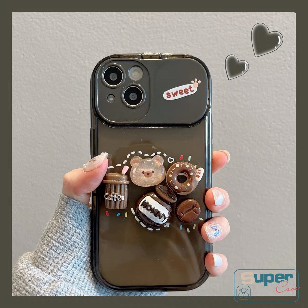 Mainan 3D Beruang Kopi Donat Stiker Kreatif Flip Make Up Mirror Case Kompatibel Untuk iPhone XR 78 14 Plus 11 13 12 14 Pro MAX XS MAX X SE Kartun Lucu Shockproof Soft Cover