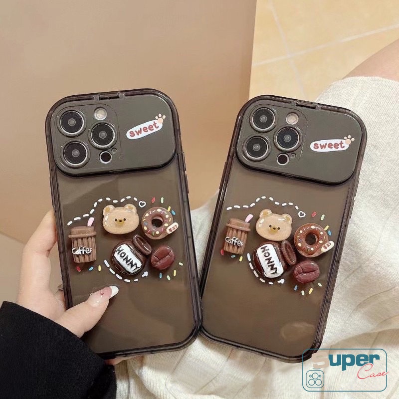 Mainan 3D Beruang Kopi Donat Stiker Kreatif Flip Make Up Mirror Case Kompatibel Untuk iPhone XR 78 14 Plus 11 13 12 14 Pro MAX XS MAX X SE Kartun Lucu Shockproof Soft Cover