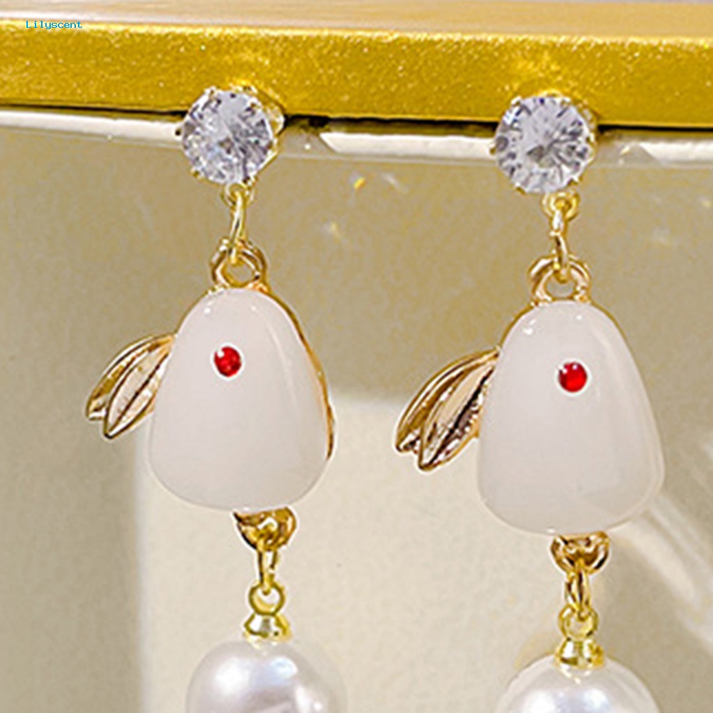 Lilyscent 1pasang Anting Tusuk Elegan Untuk Pakaian Sehari-Hari Wanita Mutiara Imitasi Bunny Drop Earrings Pengerjaan Halus