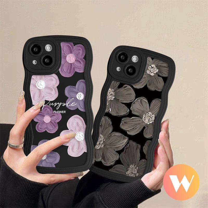 IPHONE Casing Tpu Tepi Bergelombang Bunga Segar Kompatibel Untuk Iphone11 Pro Max XR X XS Max 7Plus 14 12 13 Pro Max7 6s 14 8 6 Plus SE 2020 Art Fashion Cat Minyak Hitam Ungu Floral Soft Cover