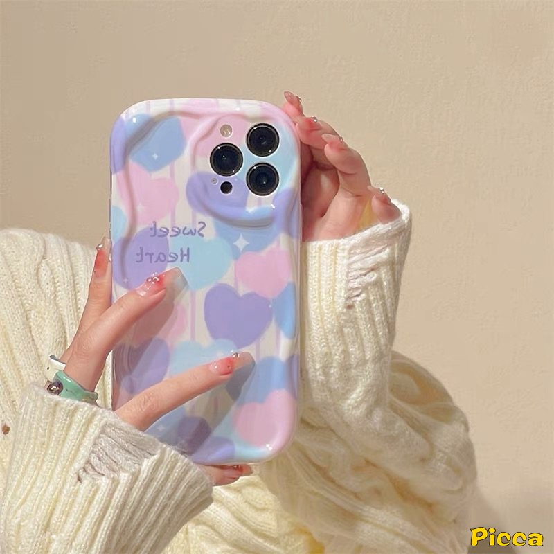 IPHONE 3d Wavy Curved Edge Shockproof Airbag Glossy Case Kompatibel Untuk Iphone7 8 6s 6 Plus 11 13 12 14 Pro Max XR X XS Max SE 2020 Ins Lukisan Cat Minyak Cinta Hati Lembut Tpu Cover